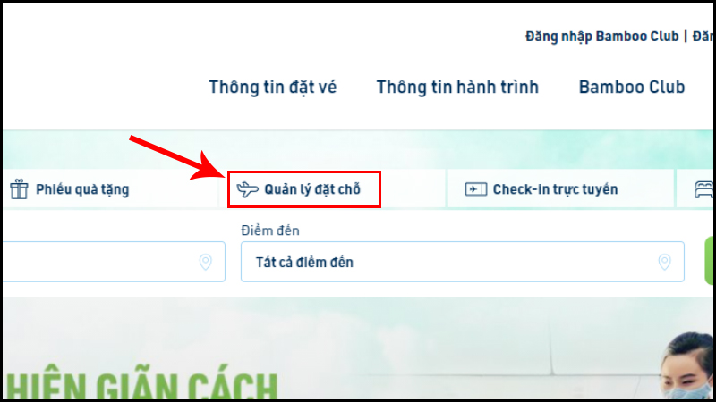 Chọn mục Quản lý đặt chỗ trên thanh menu
